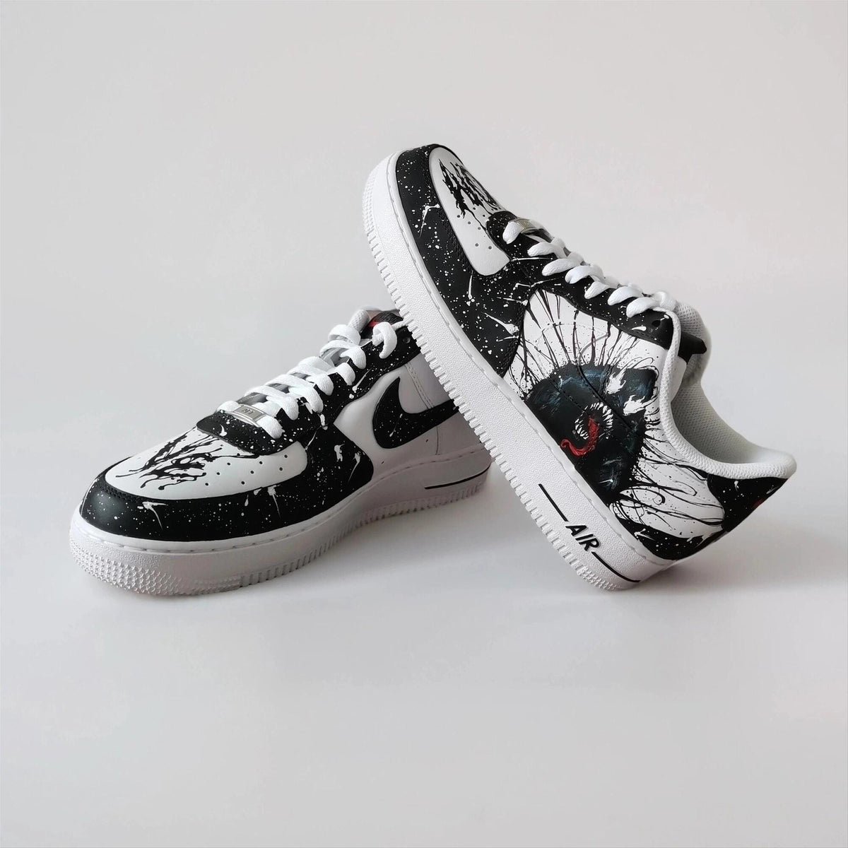 Custom Sneakers ?C White AF1 with Black Tendrils, Birthday Gift for Men, Symbiote Streetwear Shoes for Fans