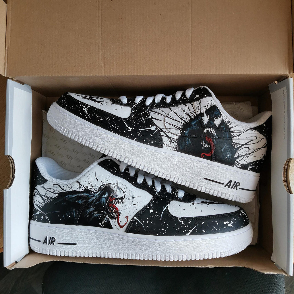 Custom Sneakers ?C White AF1 with Black Tendrils, Birthday Gift for Men, Symbiote Streetwear Shoes for Fans