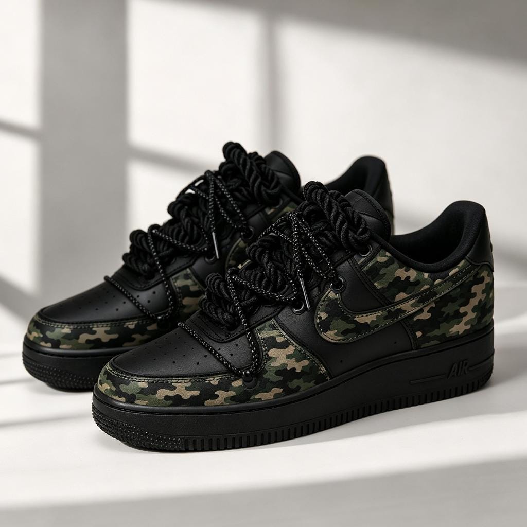 Custom Black Air Force 1, Hand-Painted Camo With Thick Laces, Double Lace Design, Retro Military Style Camouflage,Gift For Him