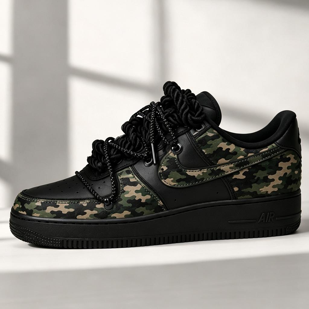 Custom Black Air Force 1, Hand-Painted Camo With Thick Laces, Double Lace Design, Retro Military Style Camouflage,Gift For Him