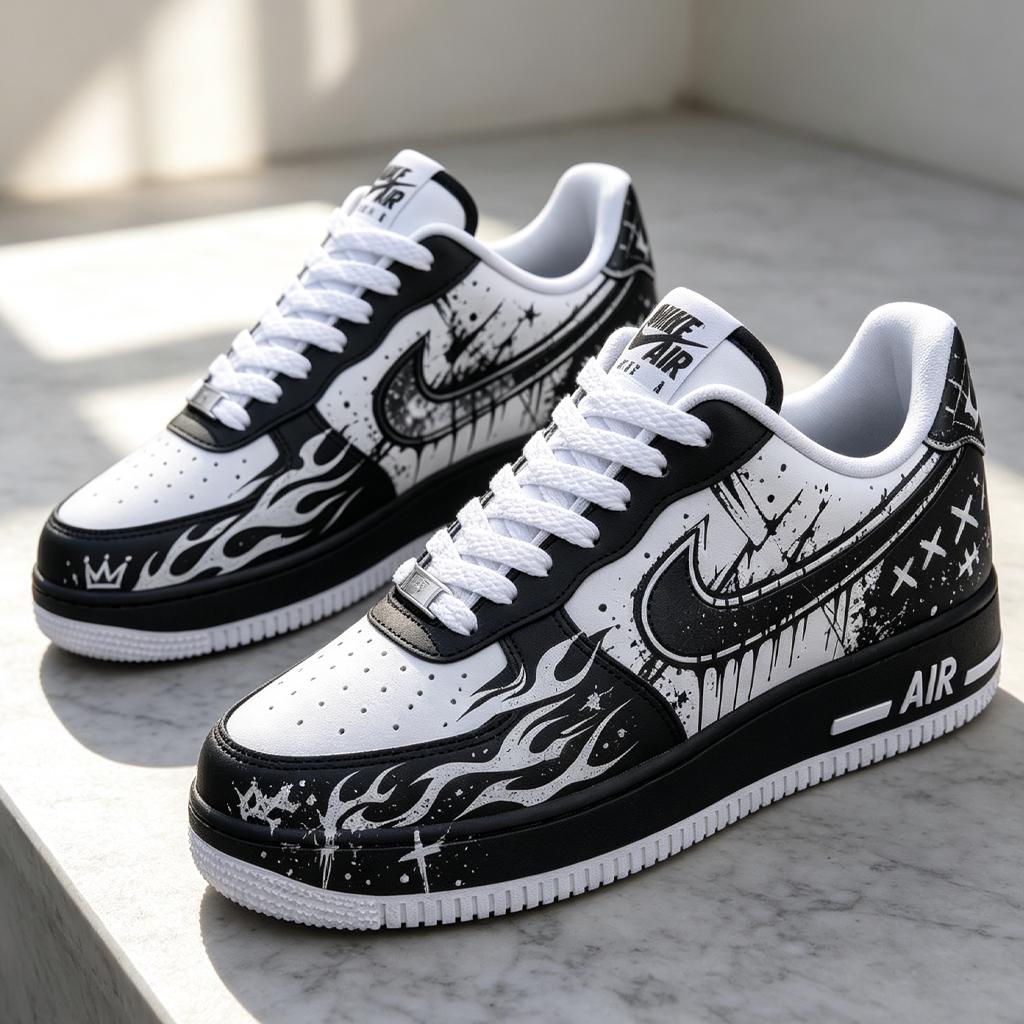 Custom White Air Force 1,Hand Painted Black&White Flame Shoes,Graffiti Style Streetwear,Unique Gift For Him And Her