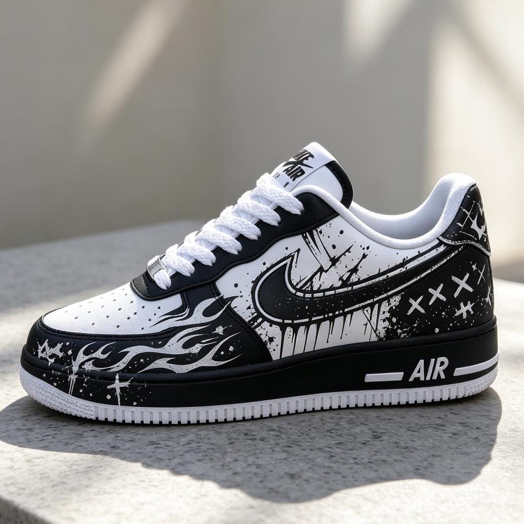 Custom White Air Force 1,Hand Painted Black&White Flame Shoes,Graffiti Style Streetwear,Unique Gift For Him And Her