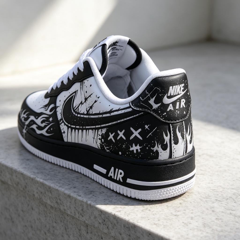 Custom White Air Force 1,Hand Painted Black&White Flame Shoes,Graffiti Style Streetwear,Unique Gift For Him And Her