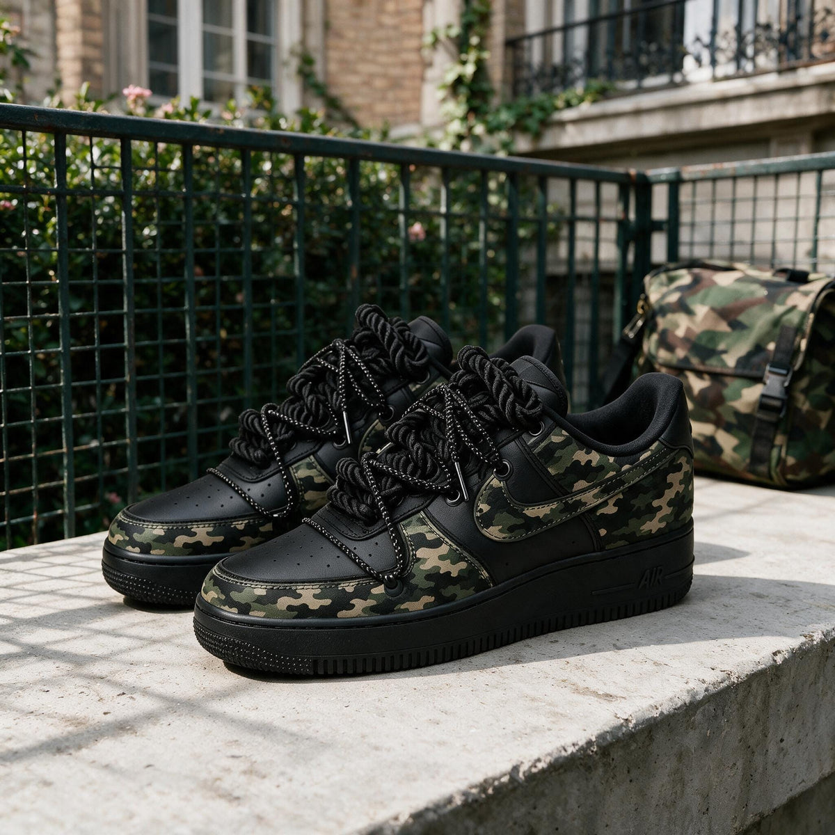 Custom Black Air Force 1, Hand-Painted Camo With Thick Laces, Double Lace Design, Retro Military Style Camouflage,Gift For Him