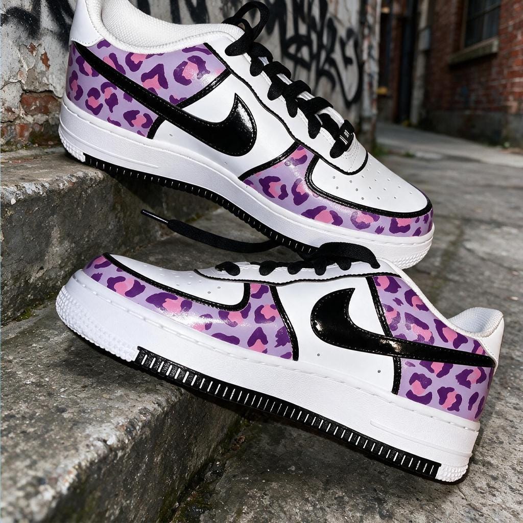Custom White Air Force 1, Hand Painted Sneakers Purple Leopard Print Custom Shoes Unique Streetwear Footwear,Gift for Her
