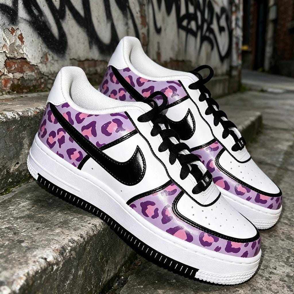 Custom White Air Force 1, Hand Painted Sneakers Purple Leopard Print Custom Shoes Unique Streetwear Footwear,Gift for Her