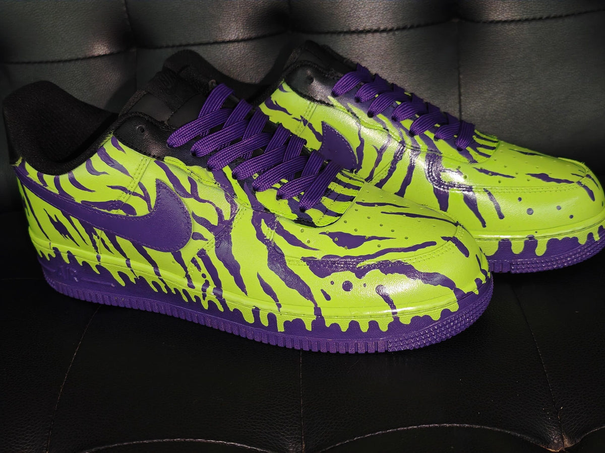 Custom Green&Purple Drip Air Force 1 Sneakers,Hand-Painted Cyberpunk Style AF1 Kicks, Gothic Gift for Him