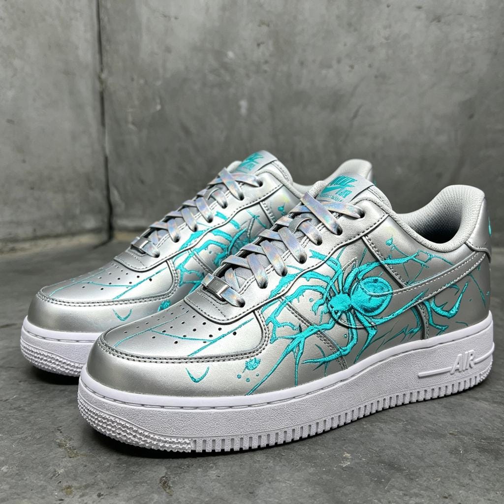 Custom White Air Force 1, HandMade Silver Y2K Spider Shoes,Cyberpunk Style Sneakers,Unique Gift For Him