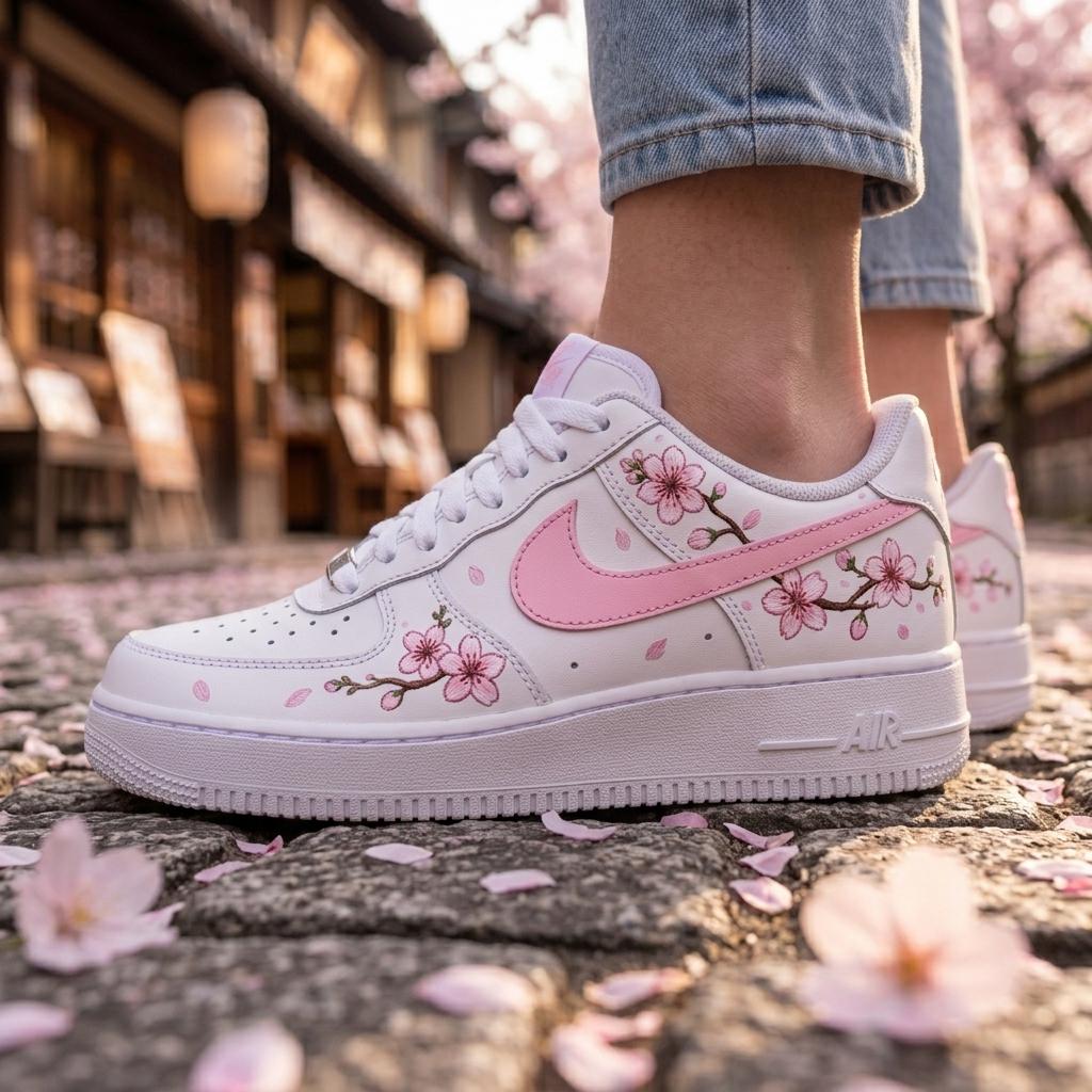 Hand Painted Shoes, Custom Sneakers, Cherry Blossom Floral Design, Women’s Footwear