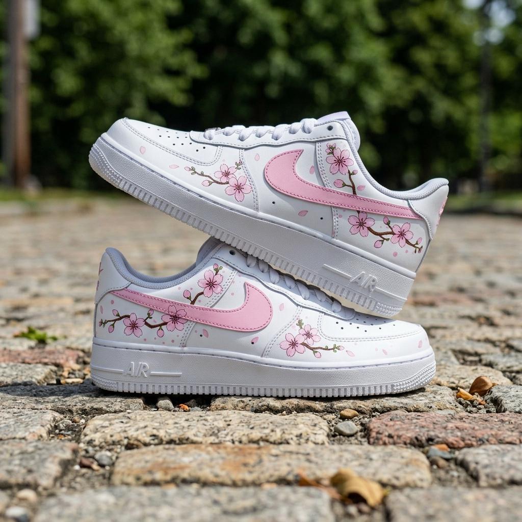 Hand Painted Shoes, Custom Sneakers, Cherry Blossom Floral Design, Women’s Footwear