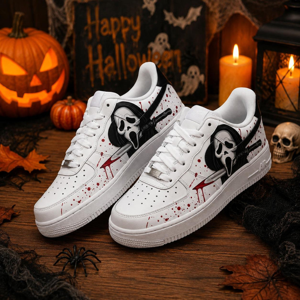 Custom Halloween Ghostface Air Force 1 Sneakers, Hand Painted Halloween Ghost AF1 Shoes, Halloween Horror Sneakers, Halloween Gift