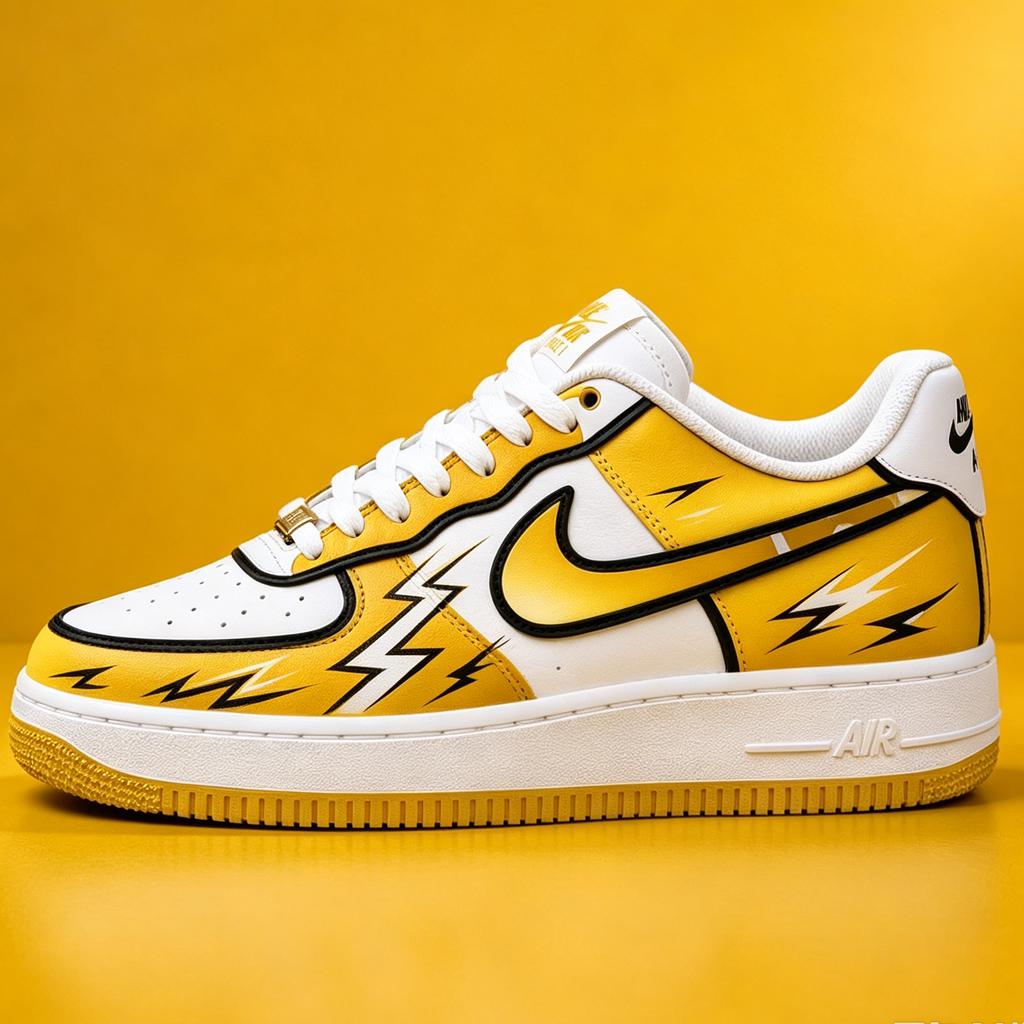Custom White Air Force 1, Hand Painted Yellow Lightning Sneakers,Comic Cel Shading Style Streetwear Footwear,Gift For Him