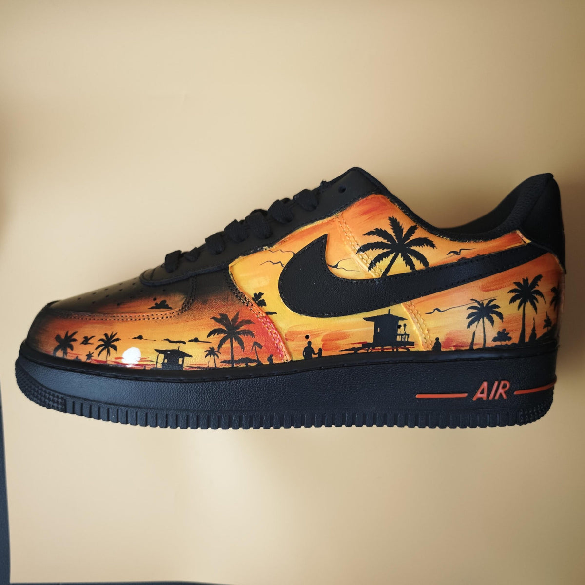 Custom Air Force 1 Sunset Beach Sneakers, Hand Painted Tropical Palm Tree Shoes, Yellow&Black Romantic Style Shoes for Him