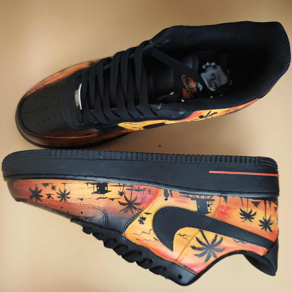 Custom Air Force 1 Sunset Beach Sneakers, Hand Painted Tropical Palm Tree Shoes, Yellow&Black Romantic Style Shoes for Him