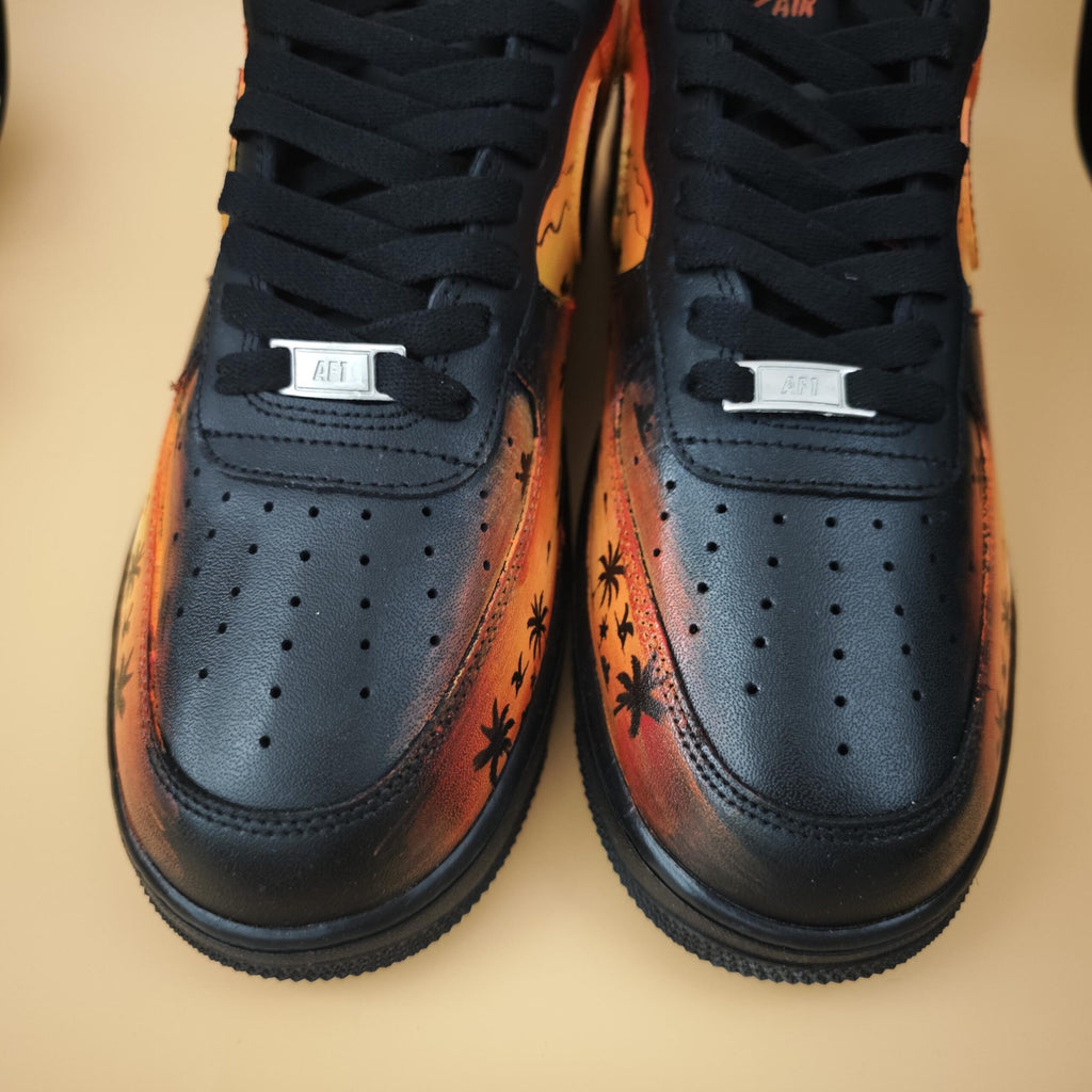 Custom Air Force 1 Sunset Beach Sneakers, Hand Painted Tropical Palm Tree Shoes, Yellow&Black Romantic Style Shoes for Him