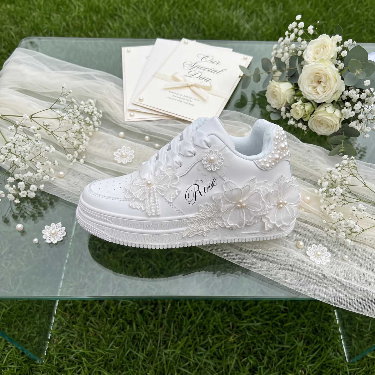 Custom Bridal Wedding Sneakers Pearl & Lace, Personalized Bridal Shoes for Reception Party, White Trainers Gift for Bride