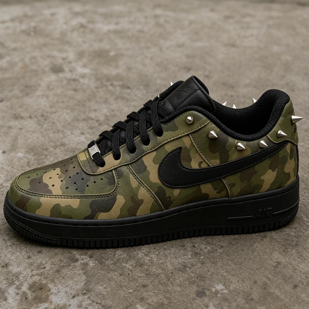 Custom Black Air Force 1,HandPainted Camo With Studded&Spikes Shoes,Tactical Camo Footwear As Unique Gift For Him