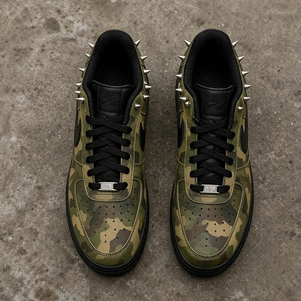 Custom Black Air Force 1,HandPainted Camo With Studded&Spikes Shoes,Tactical Camo Footwear As Unique Gift For Him
