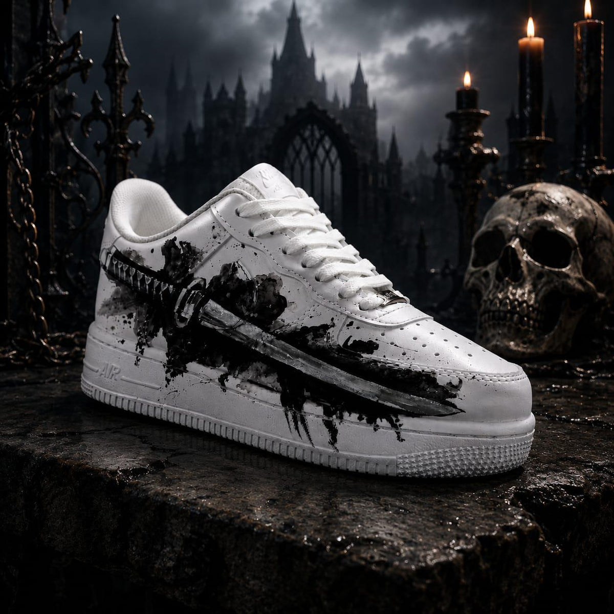 White Shoes with Black Samurai Sword Art,Alternative Streewear Footwear,Gothic Hand-Painted Sneakers,Gift
