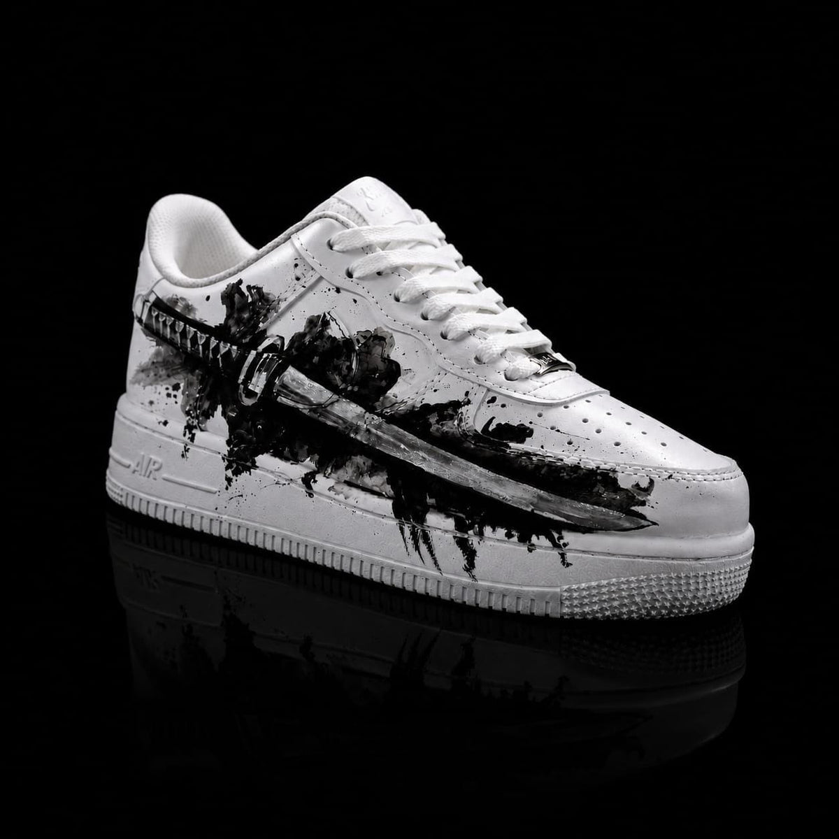 White Shoes with Black Samurai Sword Art,Alternative Streewear Footwear,Gothic Hand-Painted Sneakers,Gift