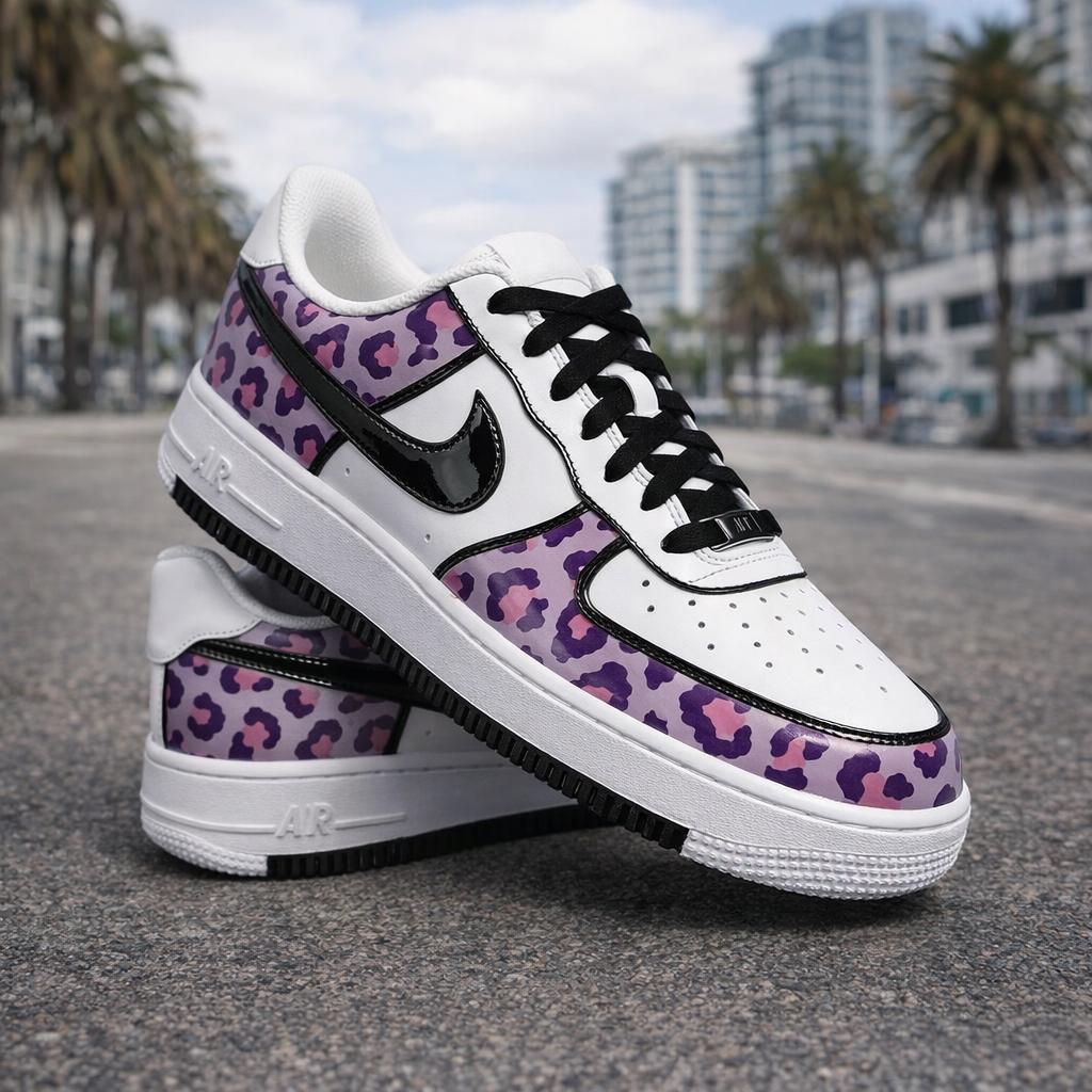 Custom White Air Force 1, Hand Painted Sneakers Purple Leopard Print Custom Shoes Unique Streetwear Footwear,Gift for Her
