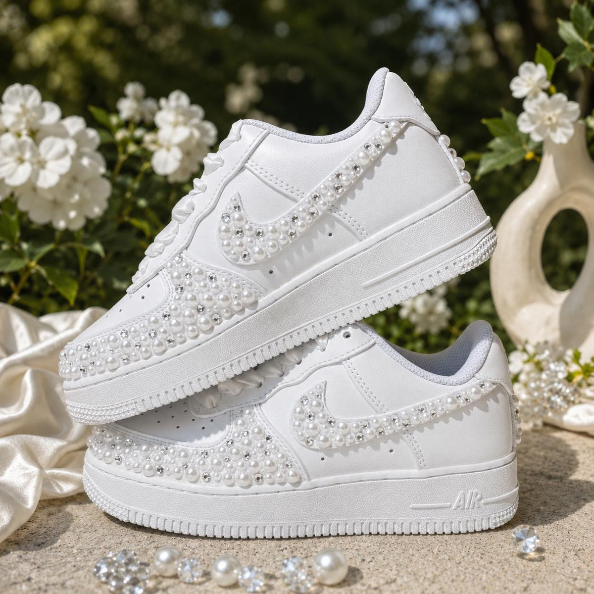 Custom Wedding Sneakers for Brides— Pearl & Silver Rhinestone Bridal Sneakers — Wedding Gift for the Bride—Handmade Custom Wedding Sneakers