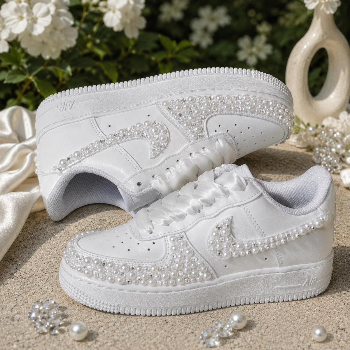 Custom Wedding Sneakers for Brides— Pearl & Silver Rhinestone Bridal Sneakers — Wedding Gift for the Bride—Handmade Custom Wedding Sneakers