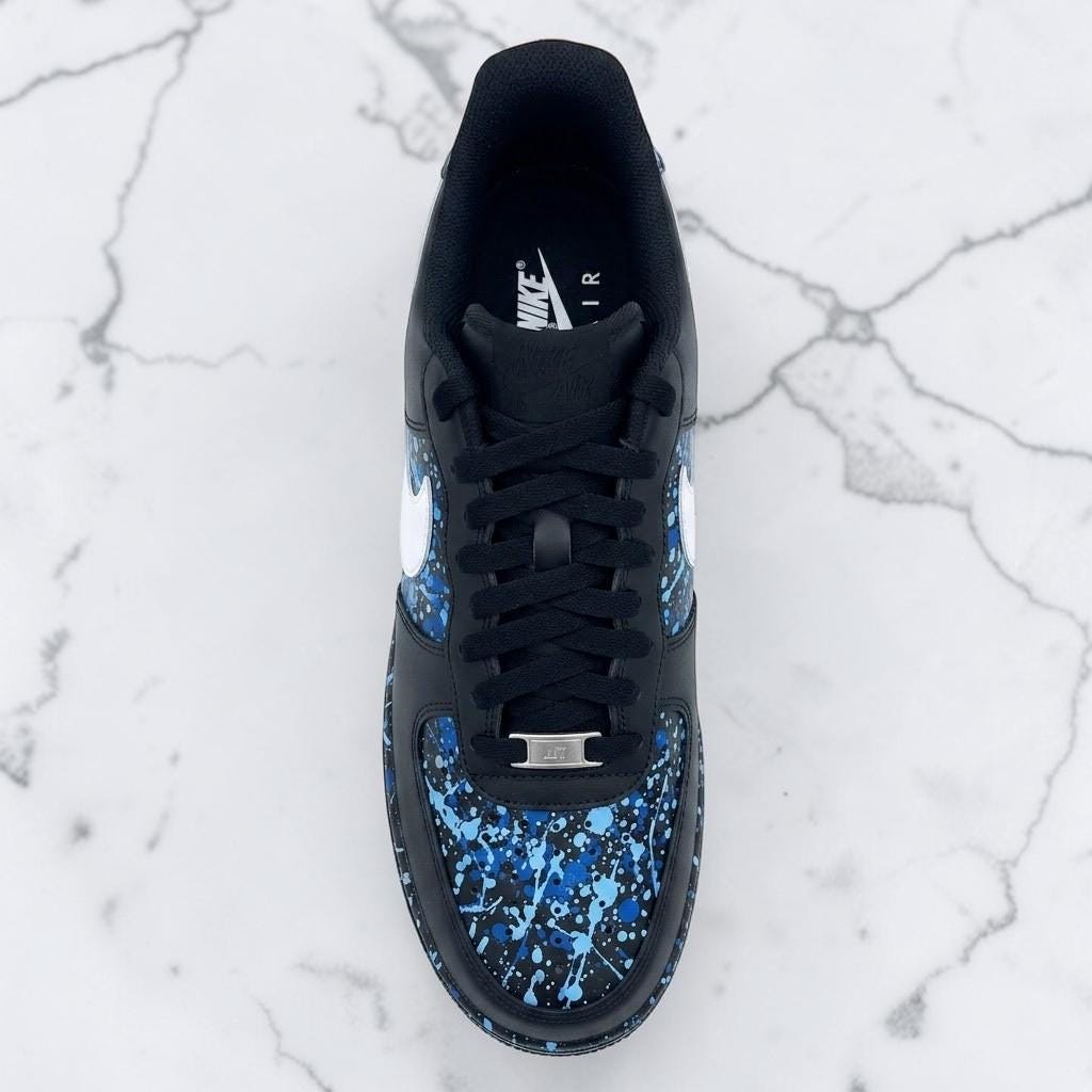 Custom Blue Paint Splatter Sneakers, Hand Painted Drip Shoes, Black Streetwear