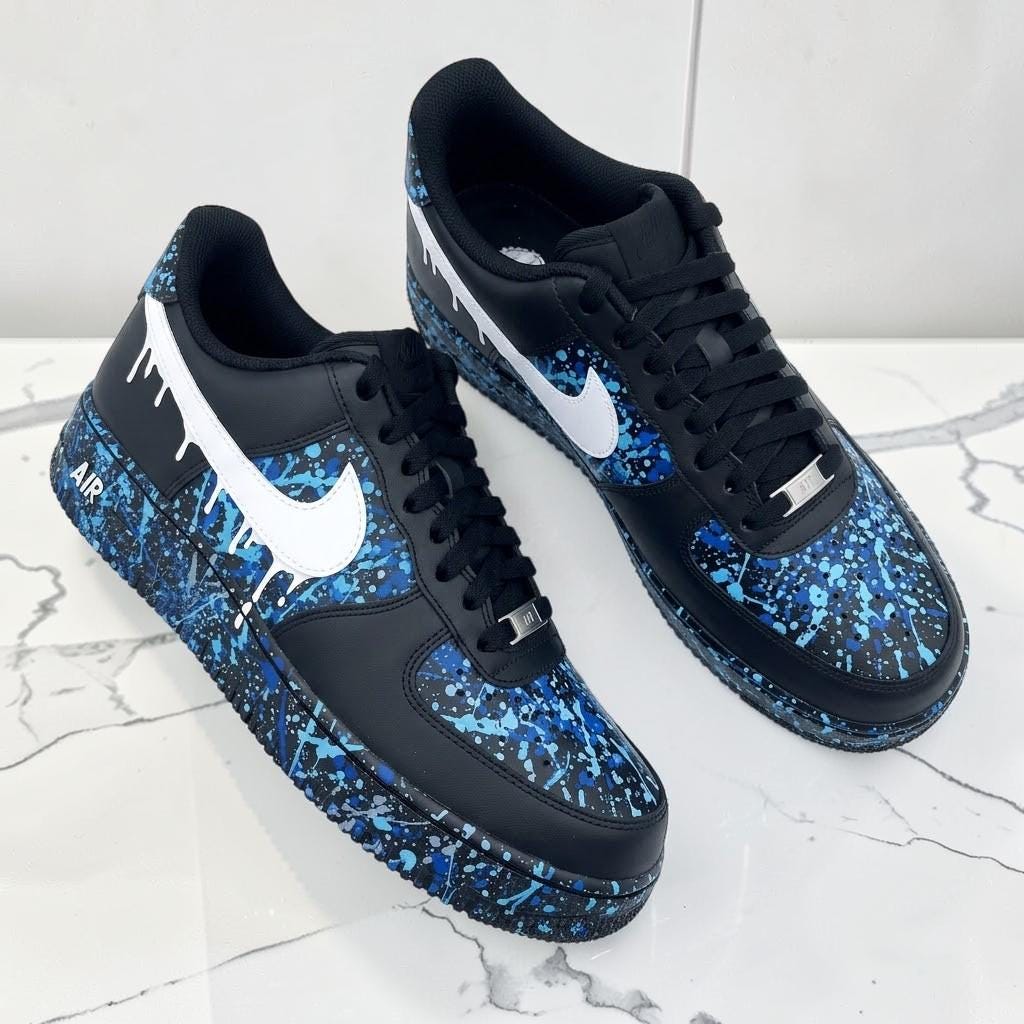 Custom Blue Paint Splatter Sneakers, Hand Painted Drip Shoes, Black Streetwear