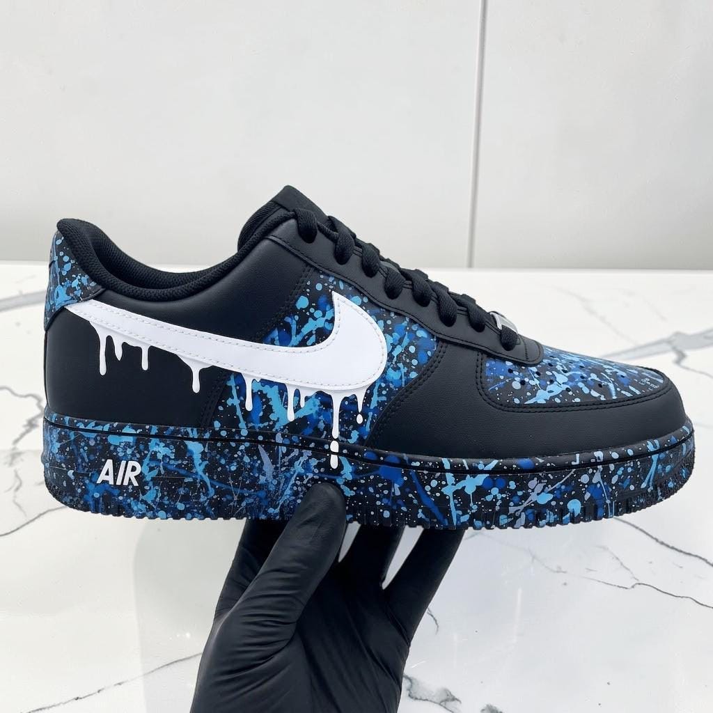 Custom Blue Paint Splatter Sneakers, Hand Painted Drip Shoes, Black Streetwear