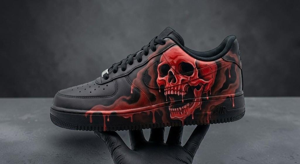 Custom Black Red Skull Sneakers, Hand Painted Gothic Shoes, Edgy Streetwear Gift