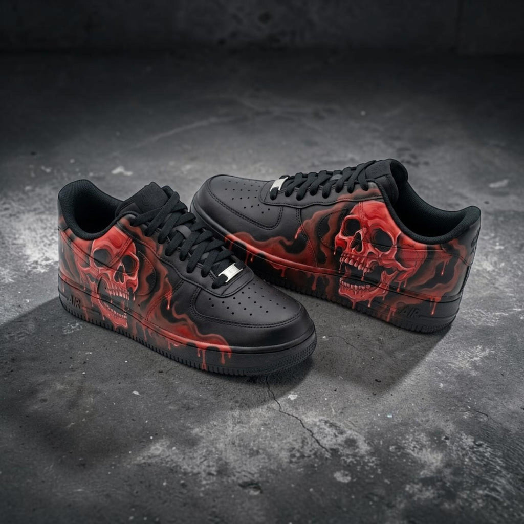 Custom Black Red Skull Sneakers, Hand Painted Gothic Shoes, Edgy Streetwear Gift