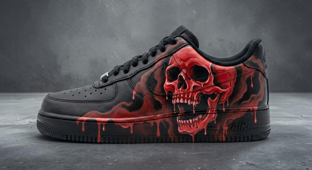 Custom Black Red Skull Sneakers, Hand Painted Gothic Shoes, Edgy Streetwear Gift