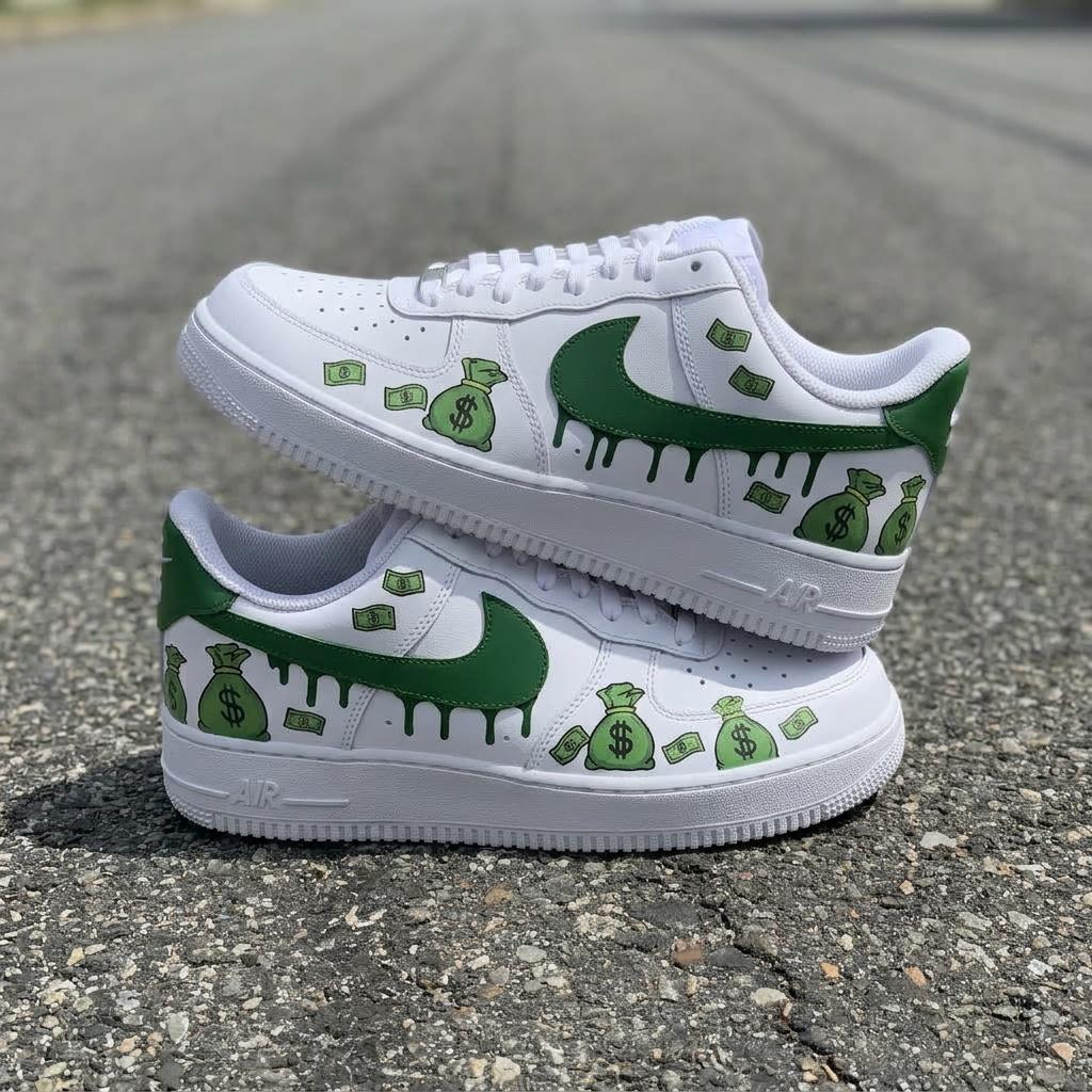 Money Drip Custom Sneakers, Hand Painted Shoes, Dollar Art, Green Streetwear, Unique Footwear Gift