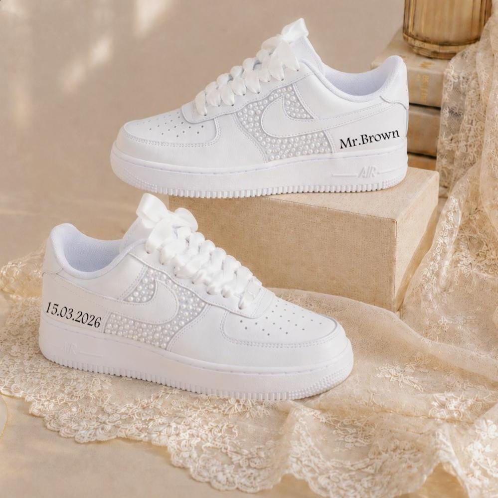 Custom Pearl Air Force One Wedding Sneakers, Personalized Bridal Sneakers, Pearl Shoes for Bride, Elegant Shoes, Prom Sneakers, Gift for Her