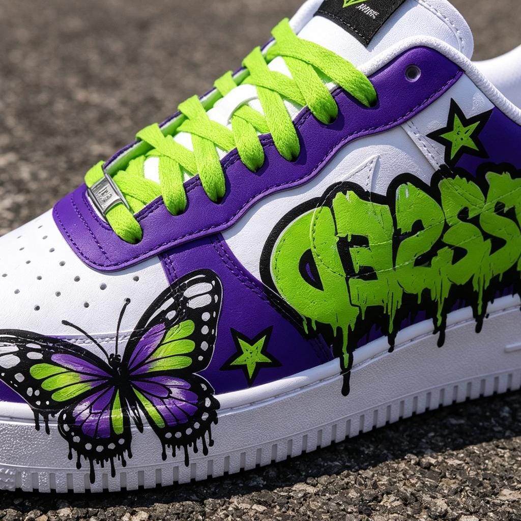 Custom Purple&Green Drip Air Force 1 ,Hand-Painted Neon Butterfly,Graffiti Style AF1 Kicks, Birthday Gift for Him