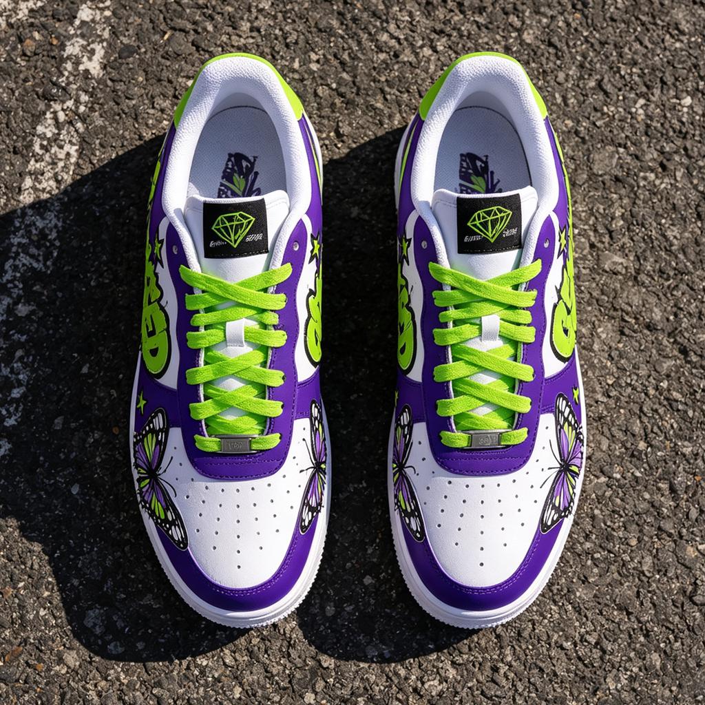 Custom Purple&Green Drip Air Force 1 ,Hand-Painted Neon Butterfly,Graffiti Style AF1 Kicks, Birthday Gift for Him