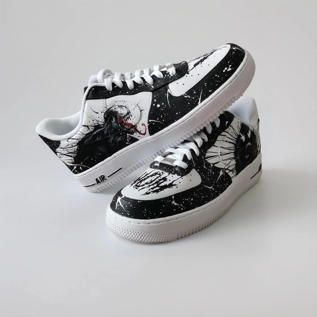 Custom Sneakers ?C White AF1 with Black Tendrils, Birthday Gift for Men, Symbiote Streetwear Shoes for Fans
