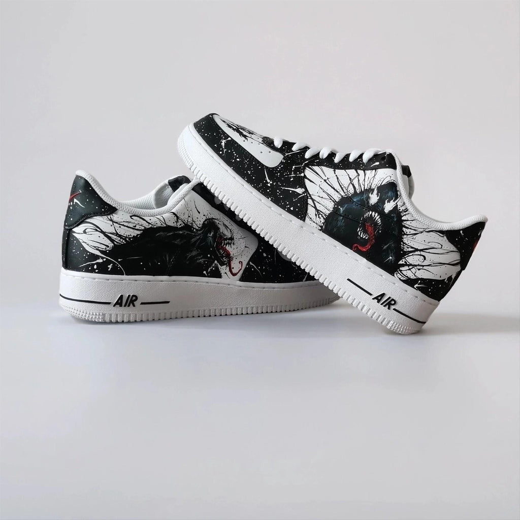 Custom Sneakers ?C White AF1 with Black Tendrils, Birthday Gift for Men, Symbiote Streetwear Shoes for Fans