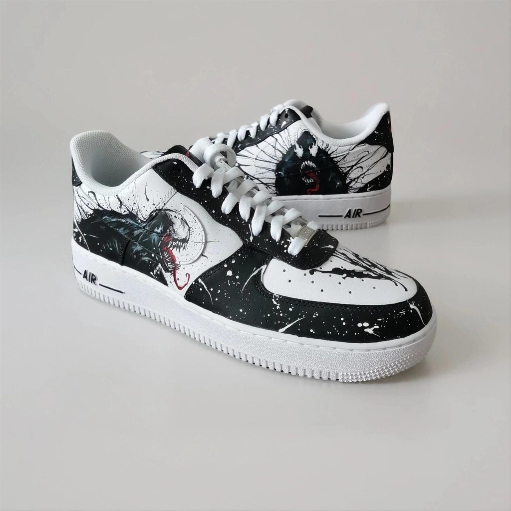 Custom Sneakers ?C White AF1 with Black Tendrils, Birthday Gift for Men, Symbiote Streetwear Shoes for Fans