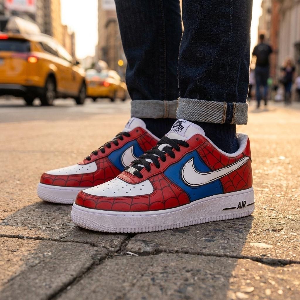 Red Blue Custom Sneakers, Hand Painted Shoes, Web Design, Comic Streetwear, Unique Sneaker Gift
