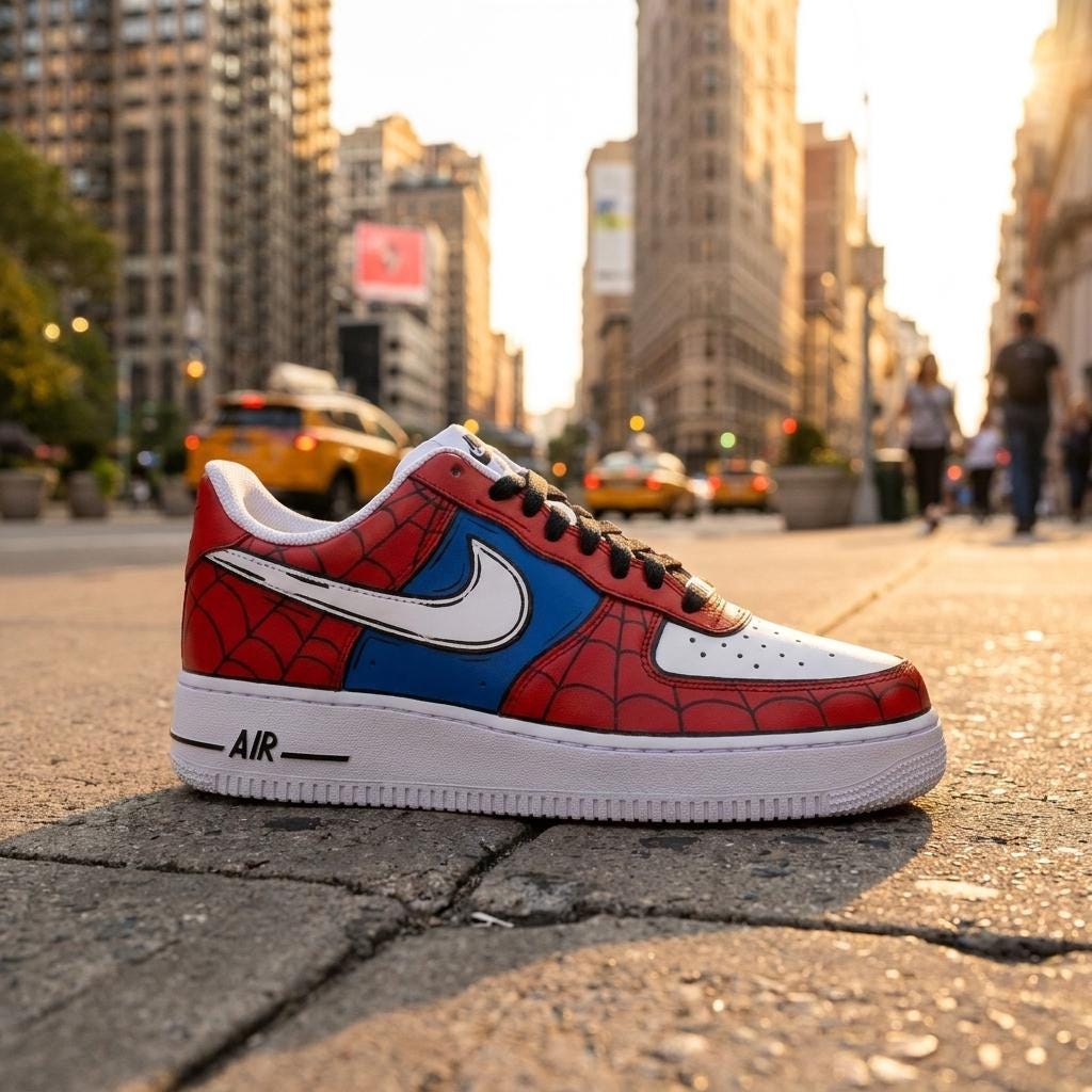 Red Blue Custom Sneakers, Hand Painted Shoes, Web Design, Comic Streetwear, Unique Sneaker Gift