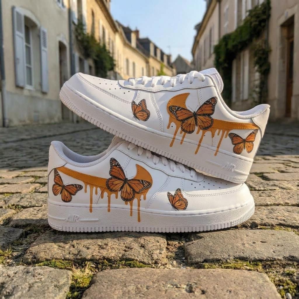 Butterfly Custom Sneakers, Hand Painted Shoes, Monarch Orange Drip, Artistic Footwear