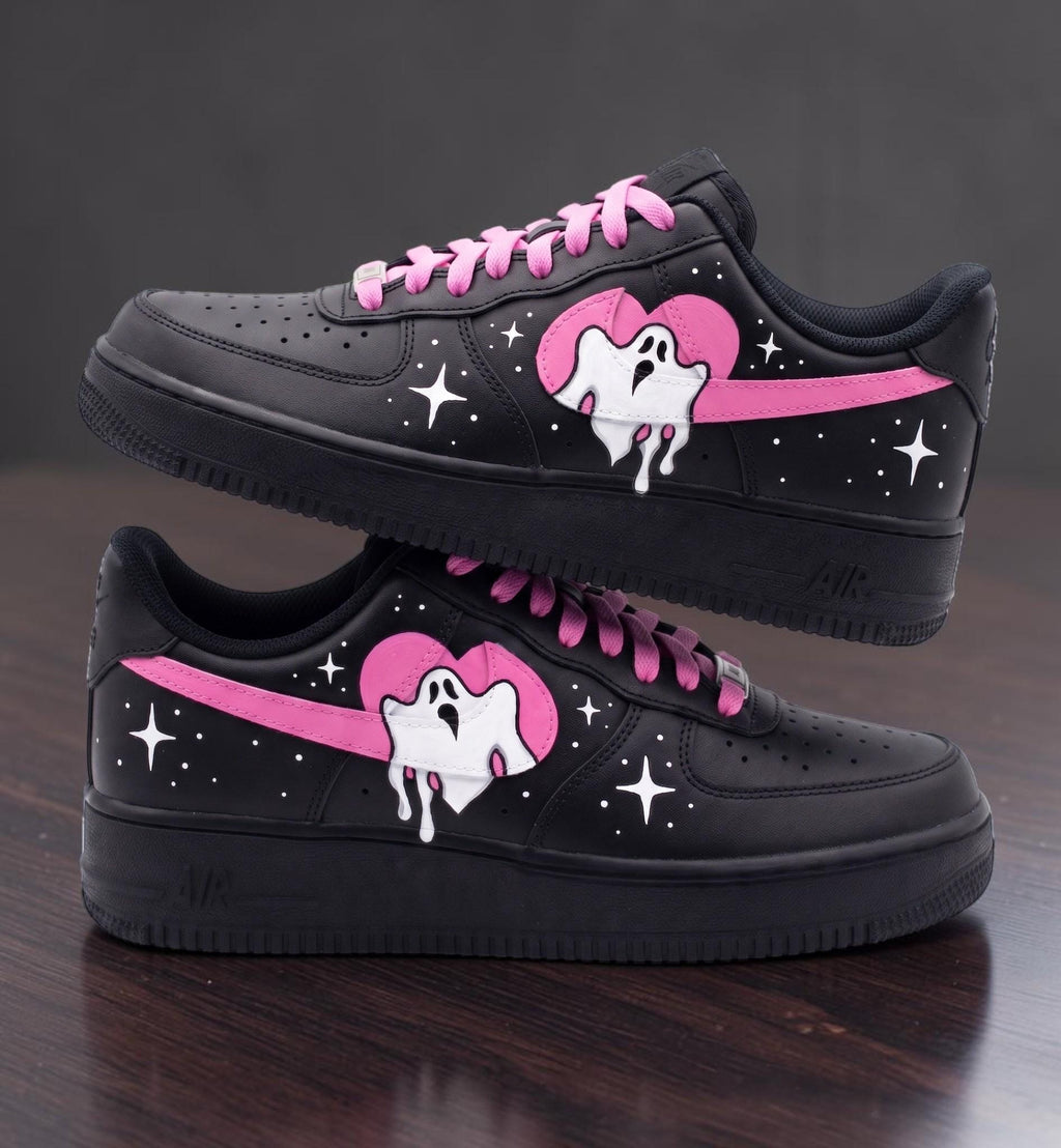 Custom Pink Ghost Sneakers, Hand Painted Ghost Shoes, Cute Drip Art Sneakers, Pink Heart Shoes, Kawaii Streetwear Gift