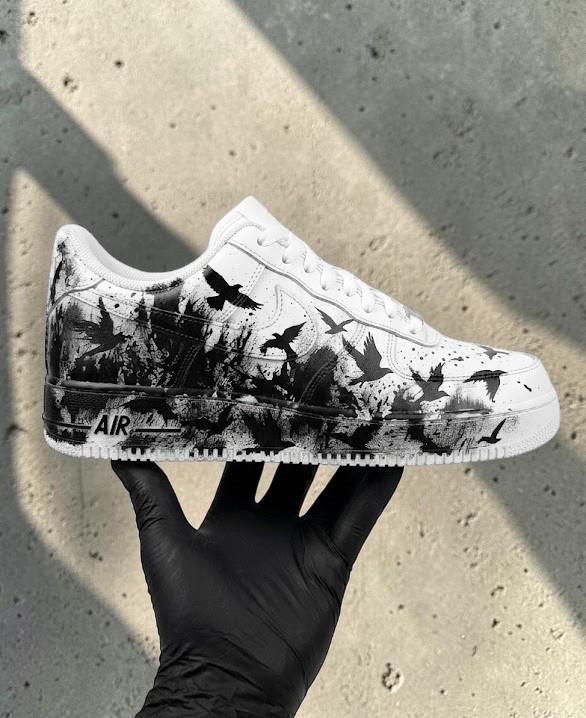 Custom Black and White Bird Sneakers, Hand Painted Shoes, Flying Birds Artwork, Unique Streetwear Gift, Personalized Sneakers