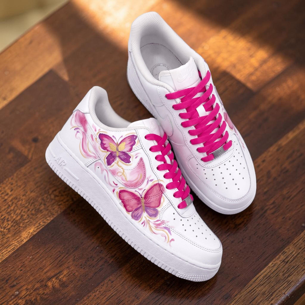 Custom Butterfly Sneakers, Pink White Hand Painted Shoes, Feminine Floral Artwork, Personalized Sneakers, Cute Gift for Her