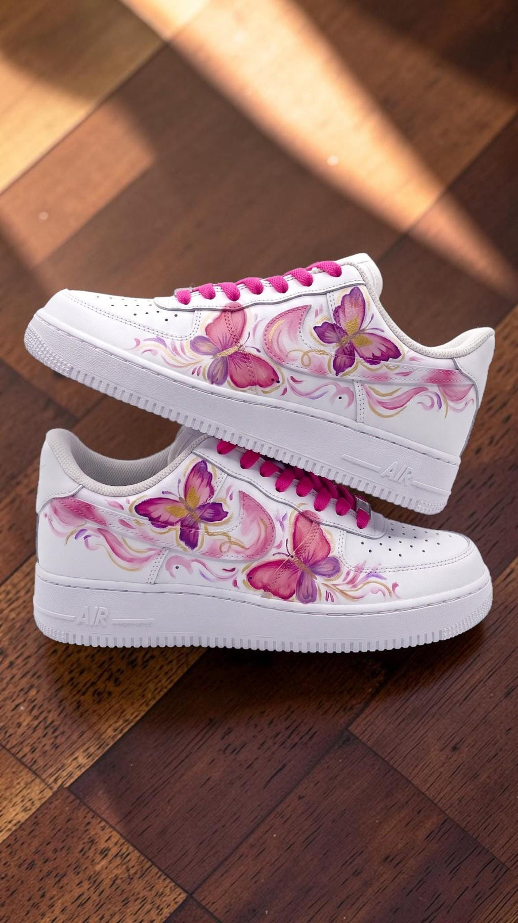 Custom Butterfly Sneakers, Pink White Hand Painted Shoes, Feminine Floral Artwork, Personalized Sneakers, Cute Gift for Her