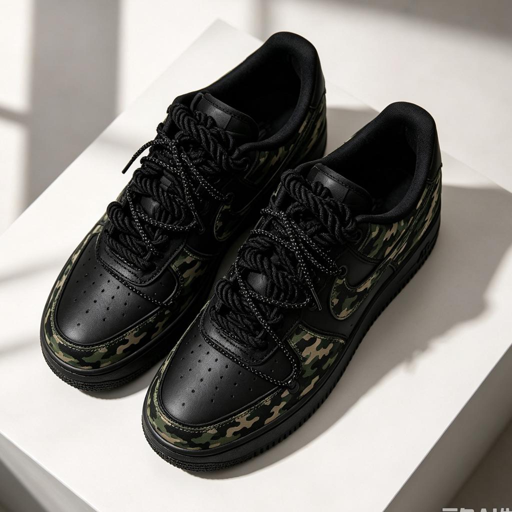 Custom Black Air Force 1, Hand-Painted Camo With Thick Laces, Double Lace Design, Retro Military Style Camouflage,Gift For Him