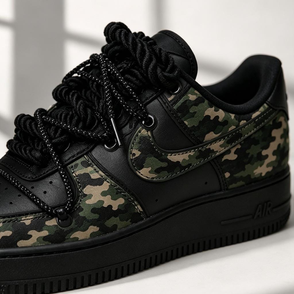 Custom Black Air Force 1, Hand-Painted Camo With Thick Laces, Double Lace Design, Retro Military Style Camouflage,Gift For Him