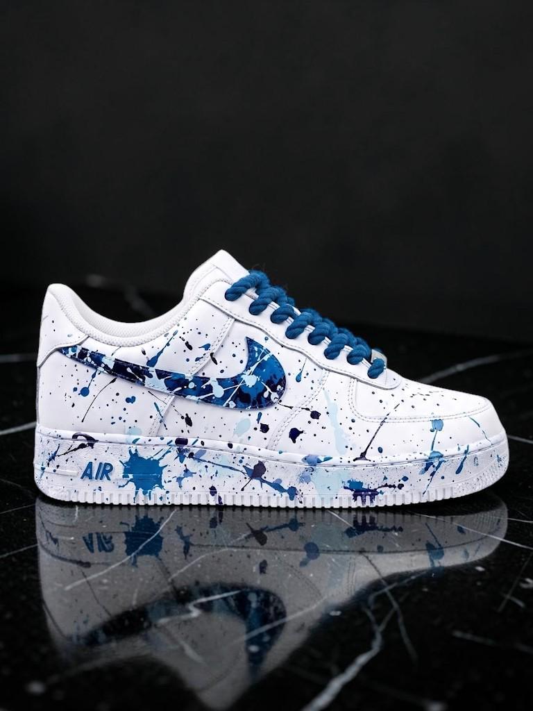 Custom Blue Paint Splatter Sneakers, Hand Painted White Shoes, Abstract Streetwear Sneakers, Personalized Shoes, Unique Gift for Him